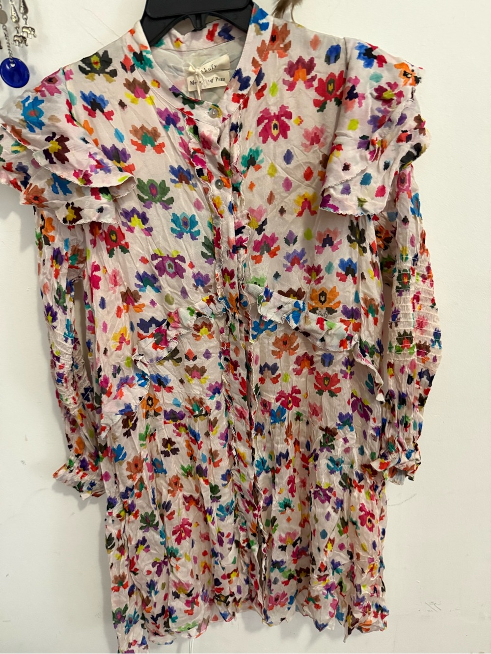 NWT Chufy Memories of Peru Silk Ruffle Floral Ikat Tunic Dress S/M $630 Boho